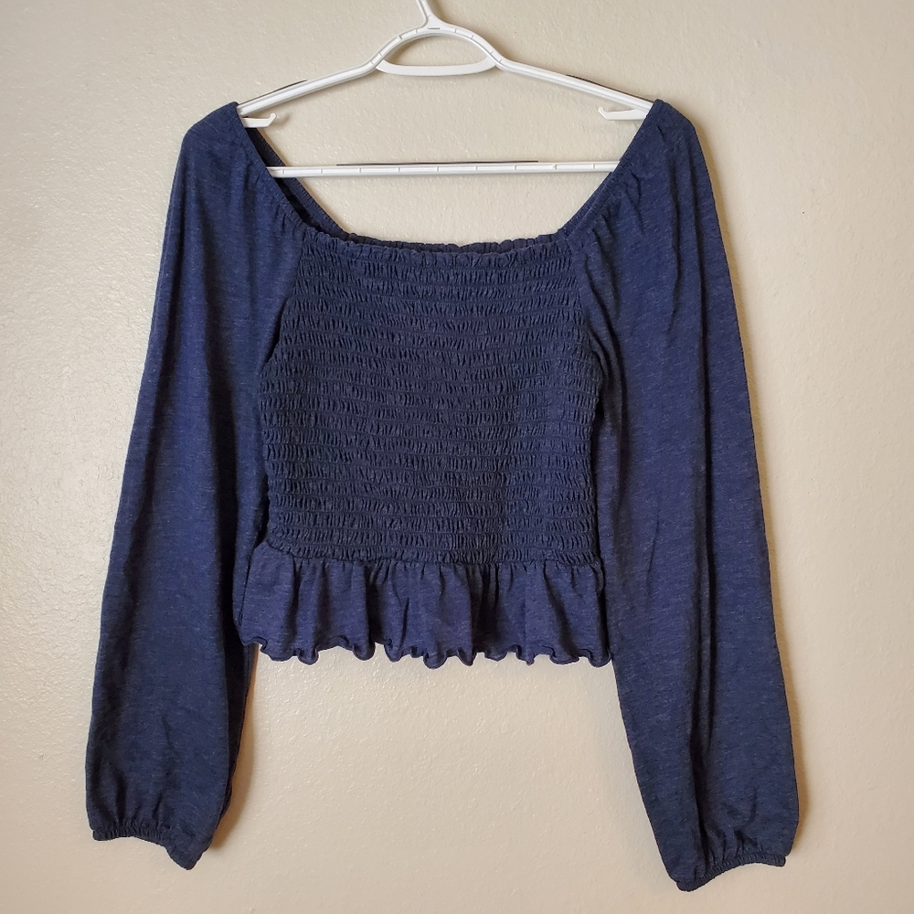 Blue Cropped Square Neck Smocked Top Arizona Jean Co Size M Fits like S